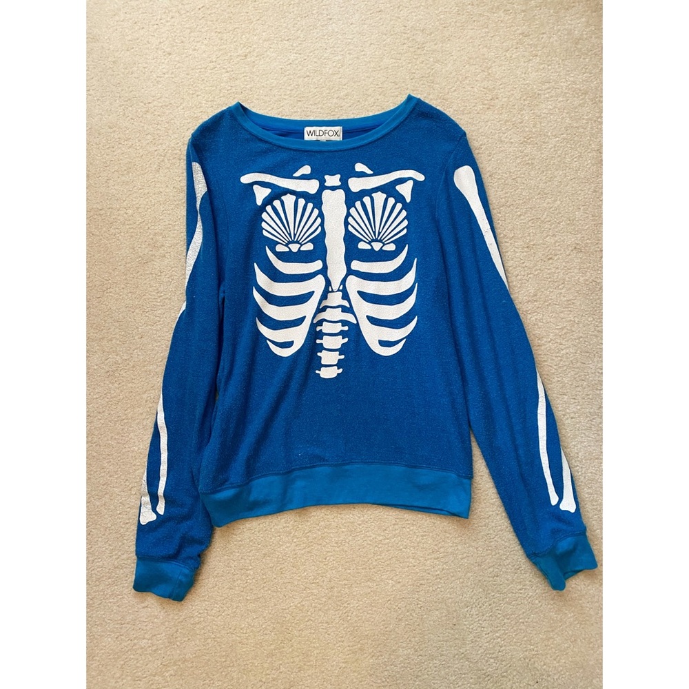 Wildfox Blue Crewneck Sweatshirt with White Skeleton Graphic
